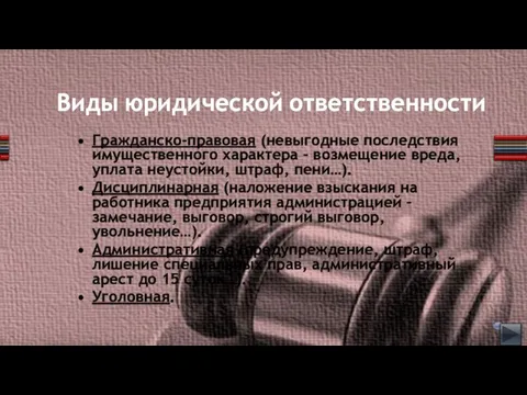 Виды юридической ответственности Гражданско-правовая (невыгодные последствия имущественного характера – возмещение вреда, уплата