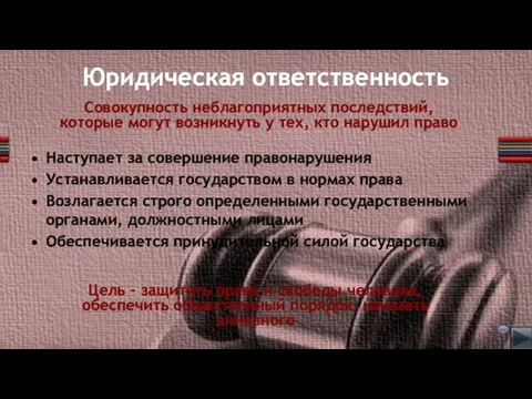 Юридическая ответственность Наступает за совершение правонарушения Устанавливается государством в нормах права Возлагается