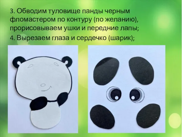 3. Обводим туловище панды черным фломастером по контуру (по желанию), прорисовываем ушки