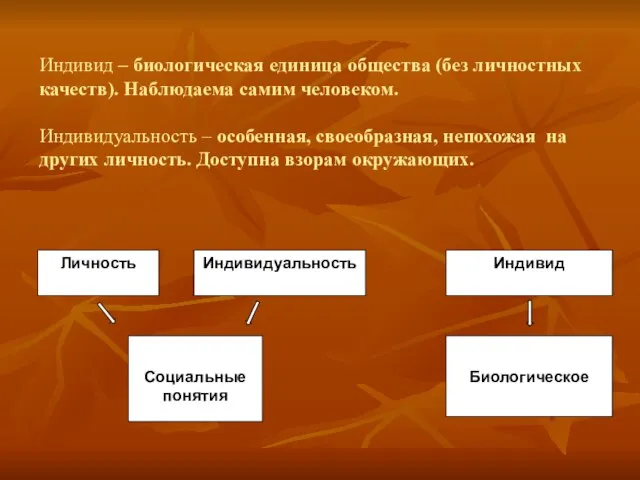 Индивид – биологическая единица общества (без личностных качеств). Наблюдаема самим человеком. Индивидуальность