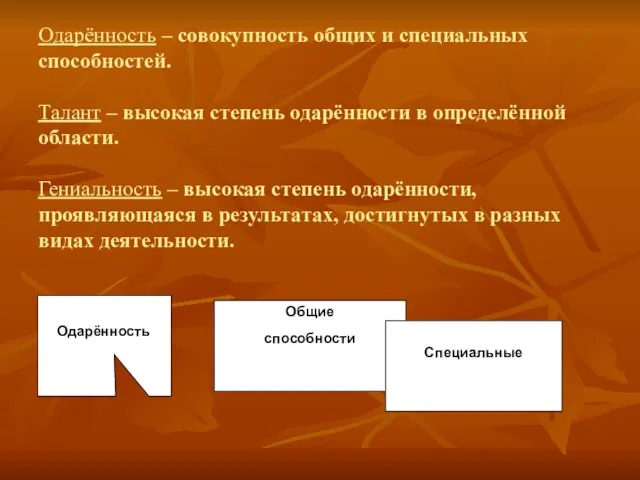 Одарённость – совокупность общих и специальных способностей. Талант – высокая степень одарённости