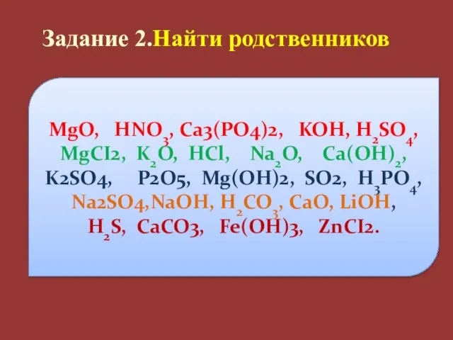 MgO, HNO3, Ca3(PO4)2, KOH, H2SO4, MgCI2, K2O, HCl, Na2O, Ca(OH)2, K2SO4, P2O5,