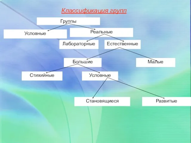 Классификация групп Группы Условные Реальные Лабораторные Естественные Большие Малые Стихийные Условные Становящиеся Развитые