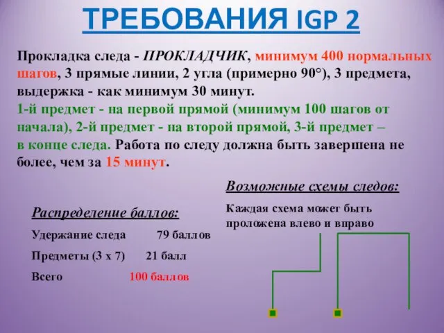 ТРЕБОВАНИЯ IGP 2 Прокладка следа - ПРОКЛАДЧИК, минимум 400 нормальных шагов, 3