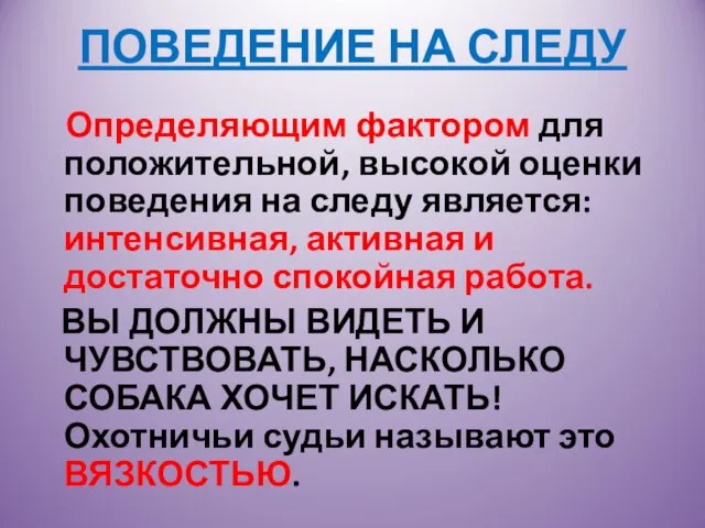 ПОВЕДЕНИЕ НА СЛЕДУ Определяющим фактором для положительной, высокой оценки поведения на следу