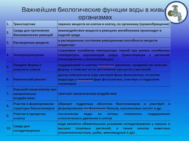 Важнейшие биологические функции воды в живых организмах