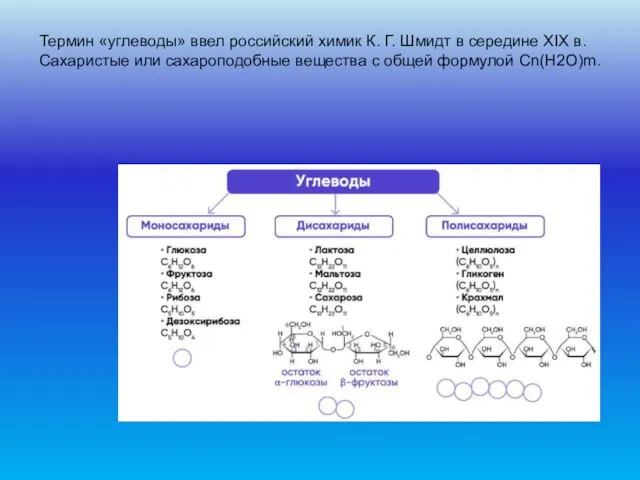 Термин «углеводы» ввел российский химик К. Г. Шмидт в середине XIX в.Сахаристые