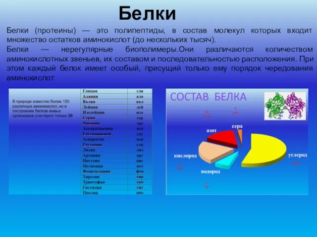 Белки Белки (протеины) — это полипептиды, в состав молекул которых входит множество