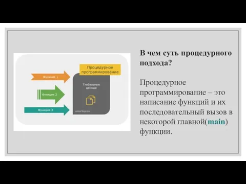 В чем суть процедурного подхода? Процедурное программирование – это написание функций и