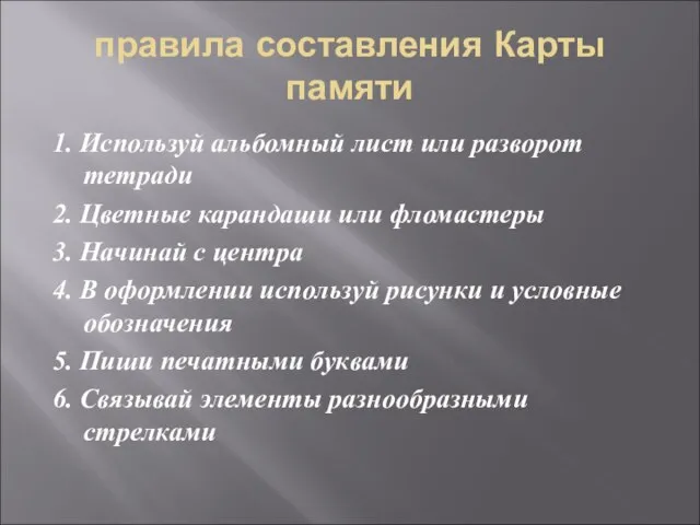 правила составления Карты памяти 1. Используй альбомный лист или разворот тетради 2.