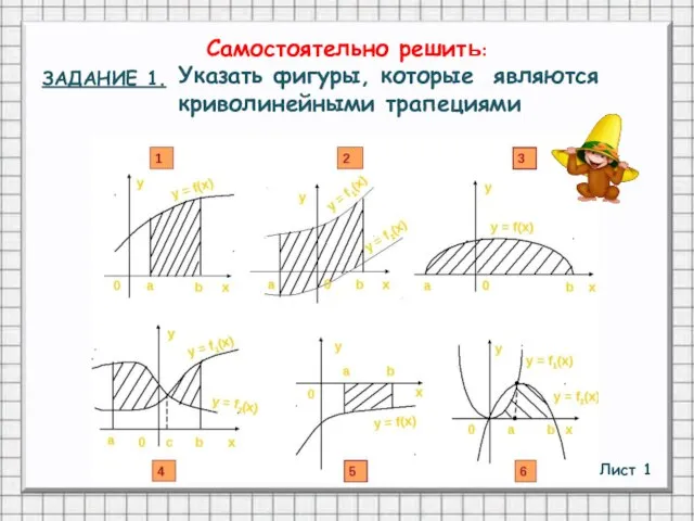 Самостоятельно решить: Лист 1 ЗАДАНИЕ 1. Указать фигуры, которые являются криволинейными трапециями