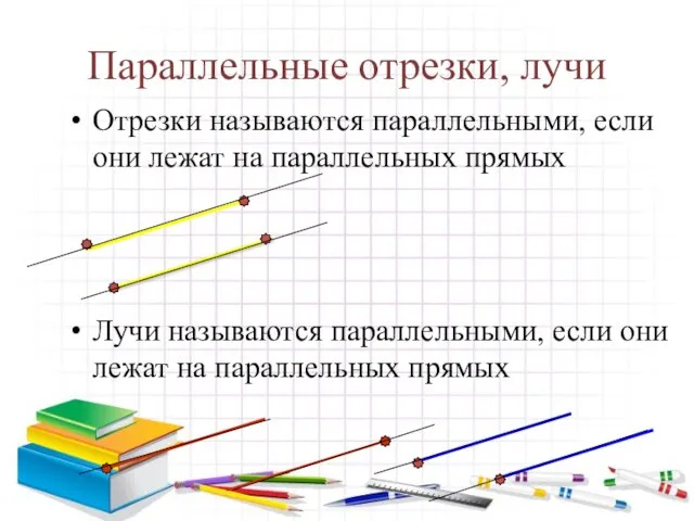 Параллельные отрезки, лучи Отрезки называются параллельными, если они лежат на параллельных прямых