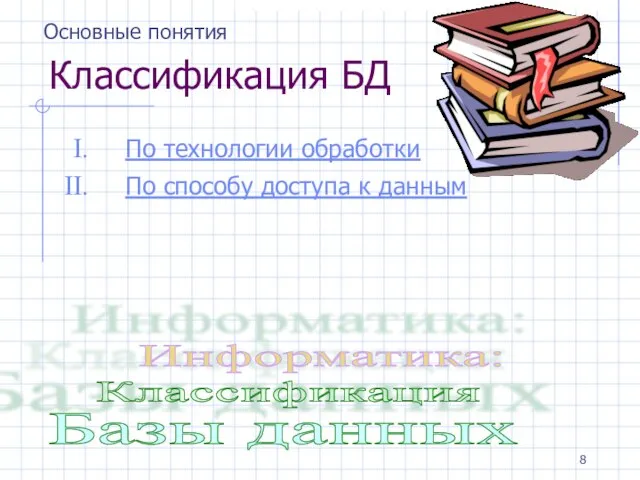 Классификация БД По технологии обработки По способу доступа к данным Базы данных Классификация Информатика: Основные понятия