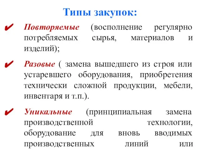 Типы закупок: Повторяемые (восполнение регулярно потребляемых сырья, материалов и изделий); Разовые (