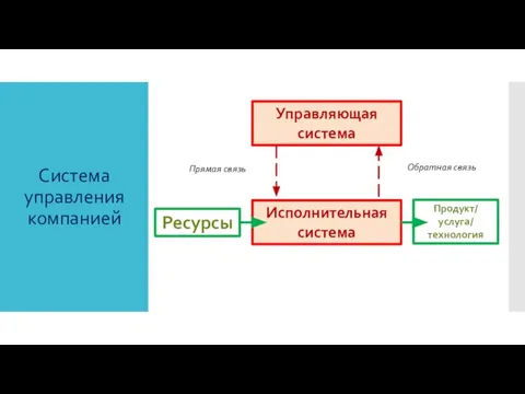 Система управления компанией Управляющая система Ресурсы Продукт/ услуга/ технология Исполнительная система Прямая связь Обратная связь