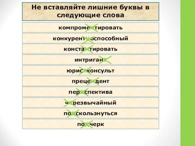 Не вставляйте лишние буквы в следующие слова компроментировать конкурентноспособный константировать интригант юристконсульт