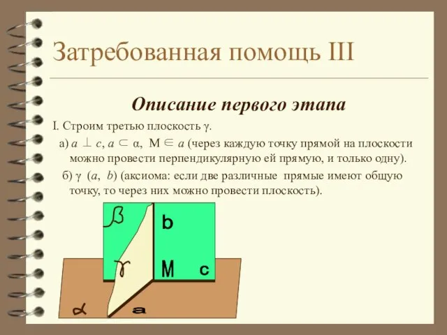 Затребованная помощь III Описание первого этапа I. Строим третью плоскость γ. а)