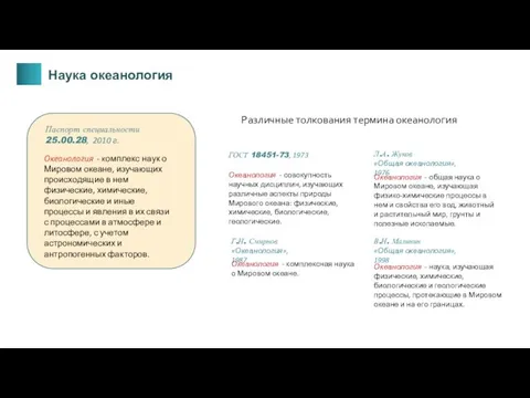 Наука океанология Паспорт специальности 25.00.28, 2010 г. Океанология - комплекс наук о