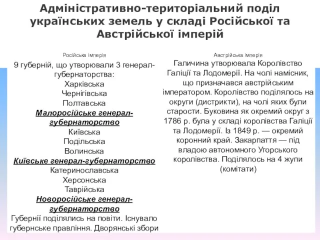 Адміністративно-територіальний поділ українських земель у складі Російської та Австрійської імперій