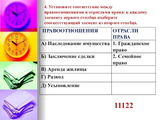 4. Установите соответствие между правоотношениями и отраслями права: к каждому элементу первого