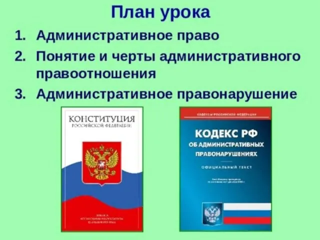 План урока: 1. Административное право. 2. Понятие и черты административного правоотношения. 3. Административное правонарушение.