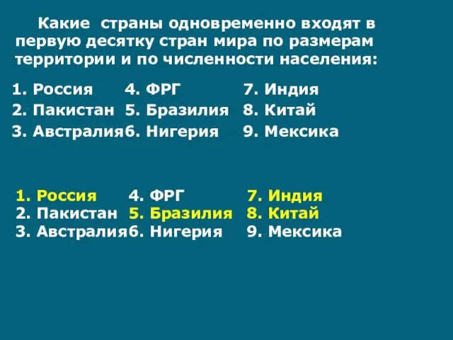 Какие страны одновременно входят в первую десятку стран мира по размерам территории