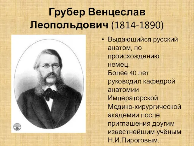 Грубер Венцеслав Леопольдович (1814-1890) Выдающийся русский анатом, по происхождению немец. Более 40