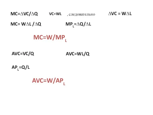 MC=∆VC/∆Q ∆VC = W∆L MPL=∆Q/∆L MC= W∆L /∆Q MC=W/MPL AVC=VC/Q AVC=WL/Q APL=Q/L AVC=W/APL VC=WL , следовательно