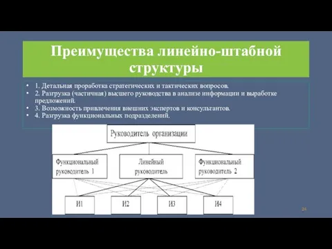 Преимущества линейно-штабной структуры 1. Детальная проработка стратегических и тактических вопросов. 2. Разгрузка