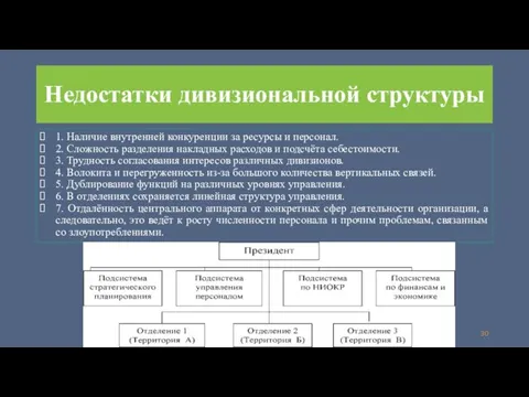 Недостатки дивизиональной структуры 1. Наличие внутренней конкуренции за ресурсы и персонал. 2.