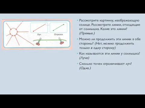 Рассмотрите картинку, изображающую солнце. Рассмотрите линии, отходящие от солнышка. Какие это линии?