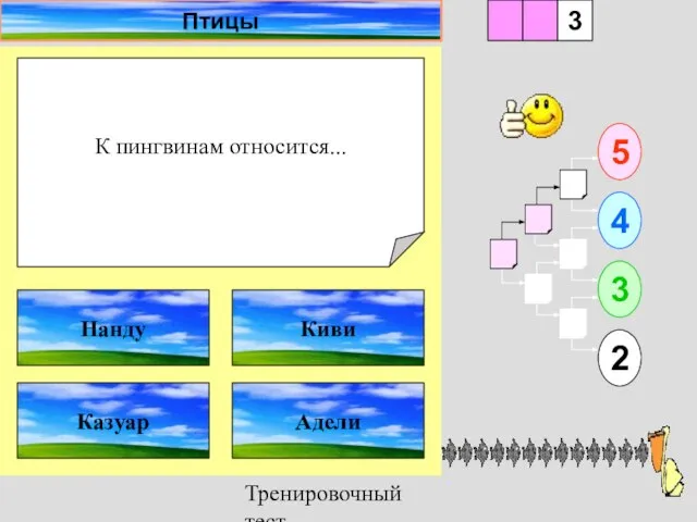 Тренировочный тест К пингвинам относится... 1 Казуар Адели 5 2 3 4