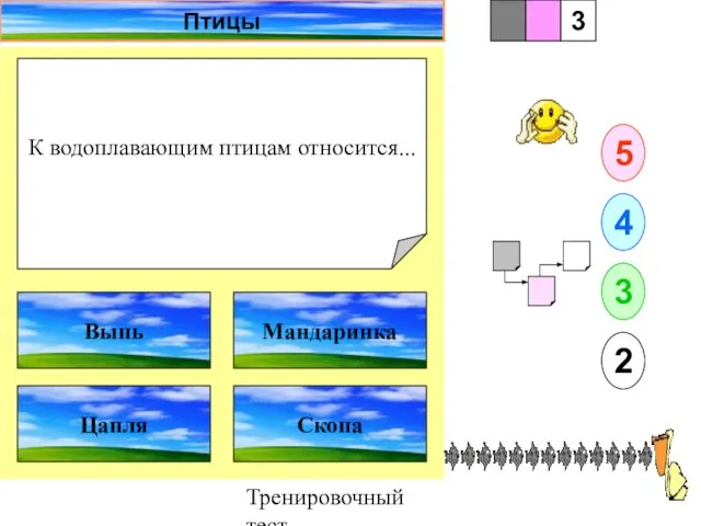 Тренировочный тест К водоплавающим птицам относится... 1 Цапля Скопа 5 2 3