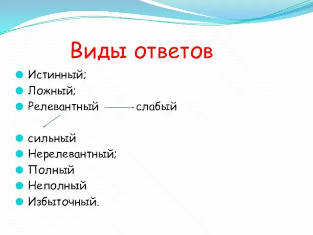 Виды ответов Истинный; Ложный; Релевантный слабый сильный Нерелевантный; Полный Неполный Избыточный.