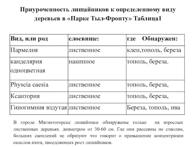 Приуроченность лишайников к определенному виду деревьев в «Парке Тыл-Фронту» Таблица1 В городе