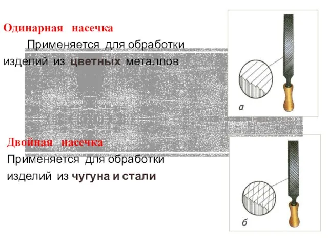 Двойная насечка Применяется для обработки изделий из чугуна и стали Одинарная насечка