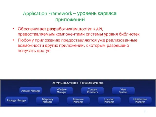 Application Framework – уровень каркаса приложений Обеспечивает разработчикам доступ к API, предоставляемым