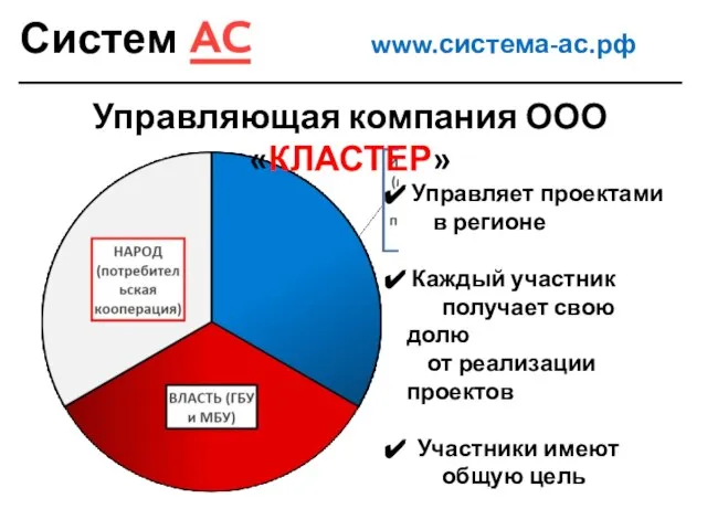 Система www.система-ас.рф Управляющая компания ООО «КЛАСТЕР» Управляет проектами в регионе Каждый участник