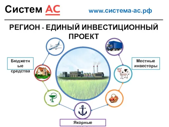 Система www.система-ас.рф РЕГИОН - ЕДИНЫЙ ИНВЕСТИЦИОННЫЙ ПРОЕКТ Бюджетные средства Якорные инвесторы Местные инвесторы