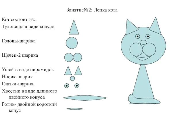 Занятие№2: Лепка кота Кот состоит из: Туловища в виде конуса Головы-шарика Щечек-2