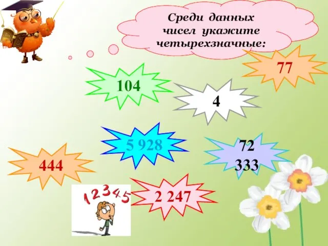 Среди данных чисел укажите четырехзначные: 444 104 5 928 2 247 72 333 77 4