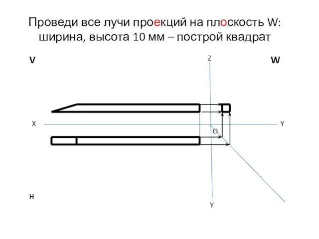 Проведи все лучи проекций на плоскость W: ширина, высота 10 мм –