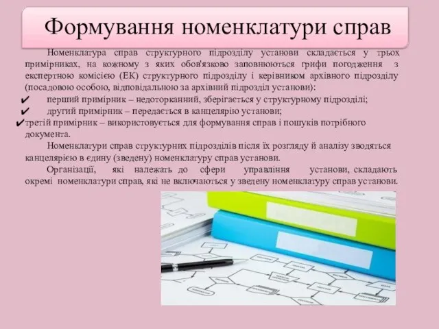 Формування номенклатури справ Номенклатура справ структурного підрозділу установи складається у трьох примірниках,