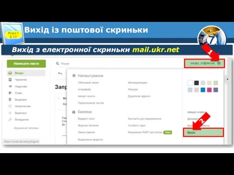 Вихід із поштової скриньки Розділ 2 § 13 Вихід з електронної скриньки mail.ukr.net 1 2