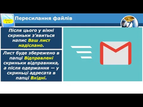 Пересилання файлів Розділ 2 § 14 Після цього у вікні скриньки з’явиться