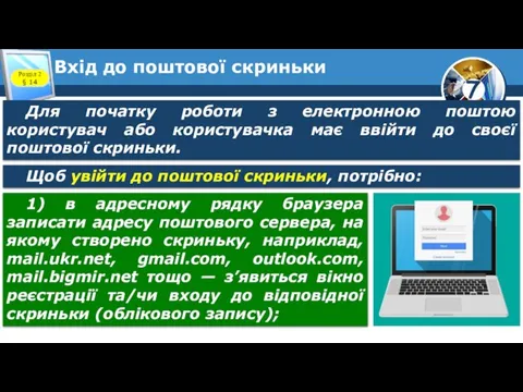 Вхід до поштової скриньки Розділ 2 § 14 Для початку роботи з