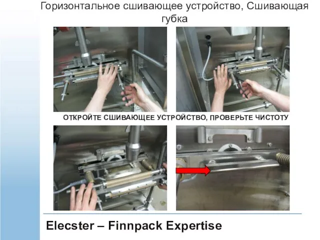 Elecster – Finnpack Expertise ОТКРОЙТЕ СШИВАЮЩЕЕ УСТРОЙСТВО, ПРОВЕРЬТЕ ЧИСТОТУ Горизонтальное сшивающее устройство, Сшивающая губка