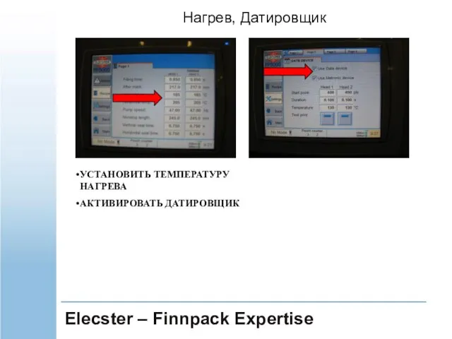 Elecster – Finnpack Expertise Нагрев, Датировщик УСТАНОВИТЬ ТЕМПЕРАТУРУ НАГРЕВА АКТИВИРОВАТЬ ДАТИРОВЩИК