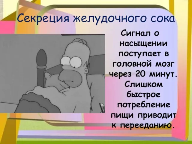 Секреция желудочного сока Сигнал о насыщении поступает в головной мозг через 20