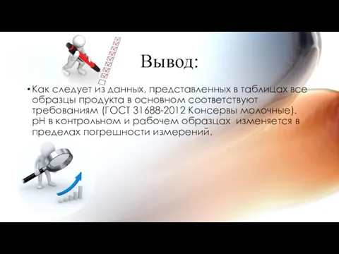 Вывод: Как следует из данных, представленных в таблицах все образцы продукта в